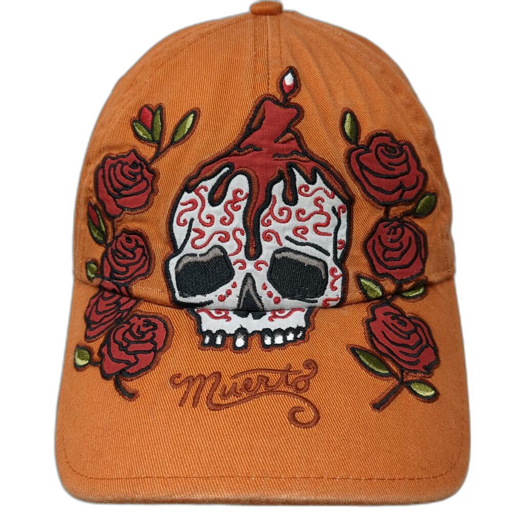 Signatures Baseball Cap Orange One Size Embroidered Sugar Skull Roses Muerto Hat